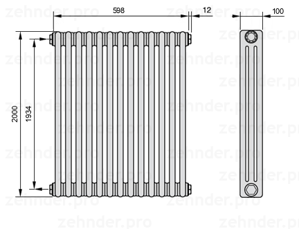 Схема (чертеж) Радиатор Zehnder Charleston 3200/13 №1270 Белый глянцевый RAL 9016